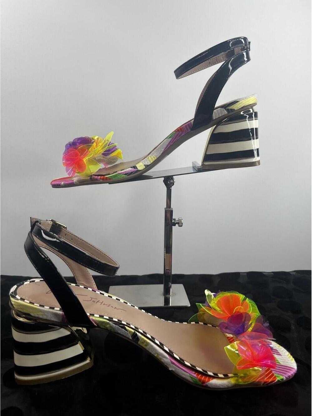 Betsey Johnson Womens 8 Multicolor Floral Block Heel Sandals Ankle Strap Neon
